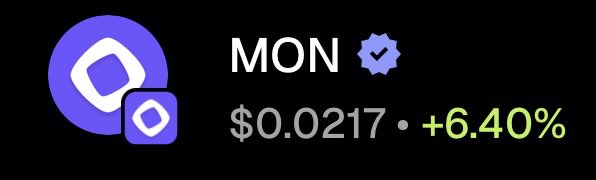 A cryptocurrency ticker display showing MON at $0.0217 with a +6.40% gain, featuring a purple logo with a diamond shape.