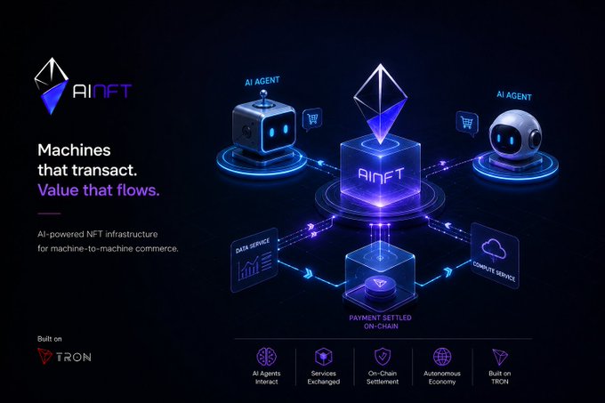 A promotional graphic for 'AINFT' describing it as 'Machines that transact. Value that flows,' showcasing AI-powered NFT infrastructure for machine-to-machine commerce built on TRON.