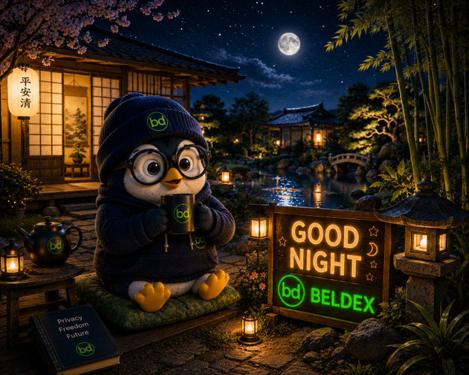A penguin mascot wearing a beanie and glasses sits in a Japanese garden at night holding a mug, with a glowing sign reading 'GOOD NIGHT bd BELDEX' beside it.