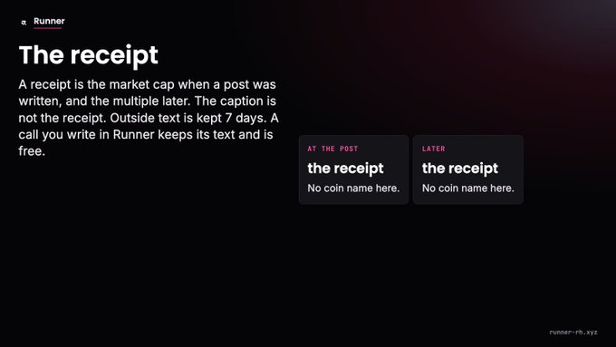 A minimalist dark-themed webpage explaining 'The receipt' on runner-rh.xyz, defined as the market cap captured when a call was written, showing example boxes for 'AT THE POST' and 'LATER'.