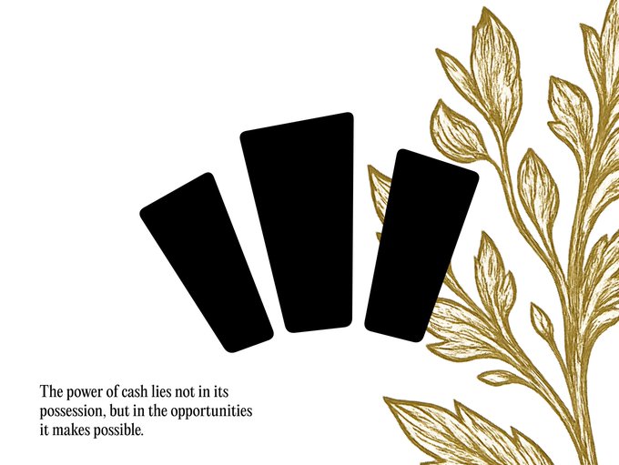 The image features three black rectangular shapes fanned out alongside decorative gold botanical branches, with the caption "The power of cash lies not in its possession, but in the opportunities it makes possible." The design visually reinforces the post's "cash is king" theme by emphasizing that cash's value comes from the opportunities (platforms, tokens, and "harvesting" rewards) it unlocks rather than simply holding it.
