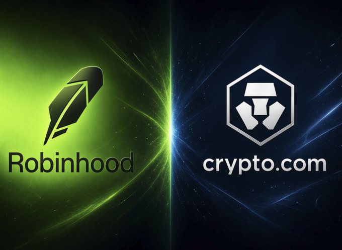 The image features the Robinhood logo on a green background on the left and the Crypto.com logo on a blue background on the right, visually representing the partnership referenced in the post about Robinhood's investment in Crypto.com and its $CRO token.