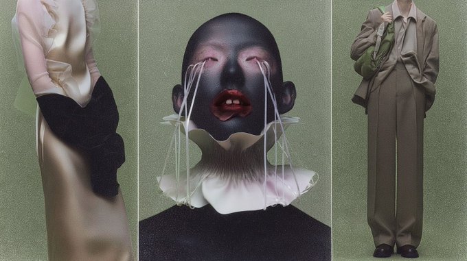 An avant-garde fashion collage divided into three vertical panels showing surreal imagery, including a figure with elongated pouring features in the center.