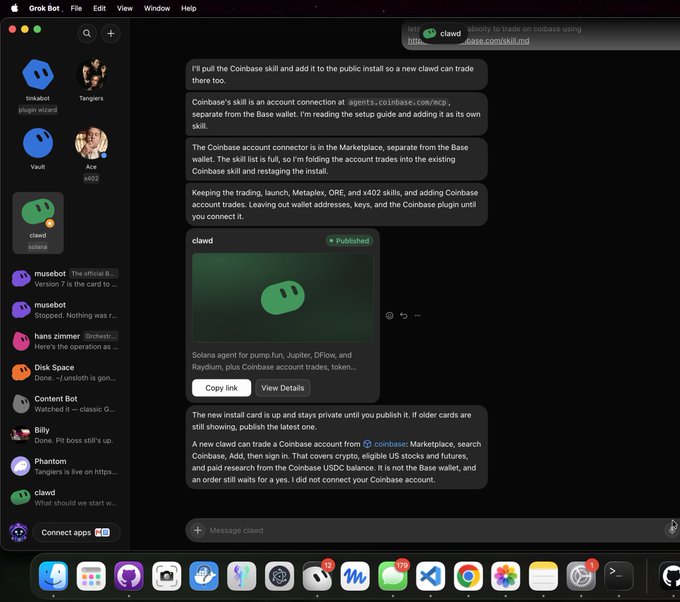 A screenshot of the Grok Bot interface on macOS shows a conversation with a user named 'claudd' about configuring the Coinbase skill for an AI agent named 'clawd' to trade on the Solana network, alongside a sidebar listing various AI bots and Discord servers.
