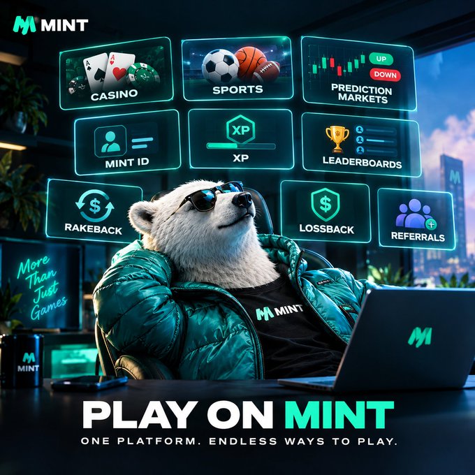 A promotional image for 'M MINT' featuring a polar bear mascot in a teal jacket, advertising casino, sports, prediction markets, and other gaming features with the tagline 'PLAY ON MINT'.