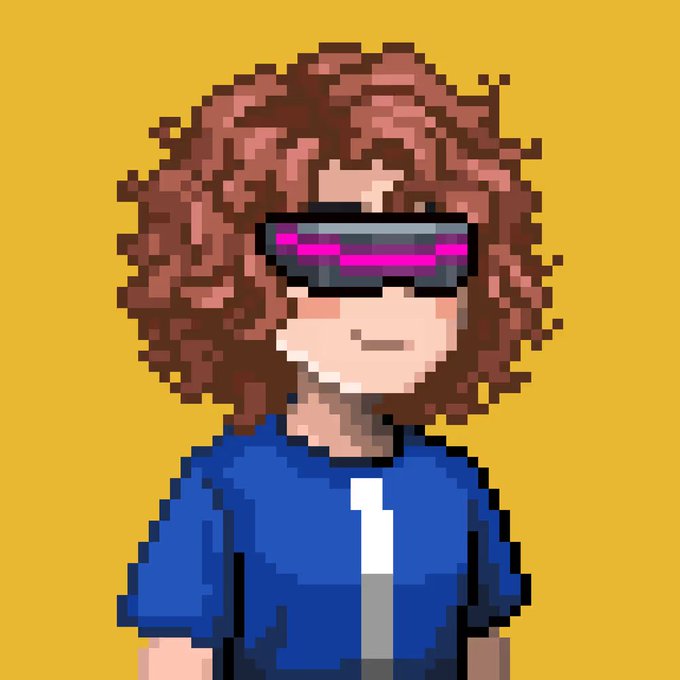 A pixel art character with curly brown hair, a blue shirt, and pink/magenta cyberpunk-style visor glasses smiles against a yellow background, fitting the post's casual "GM" greeting and referencing the crypto/NFT culture theme of flipping rank 666 on the last day of June.