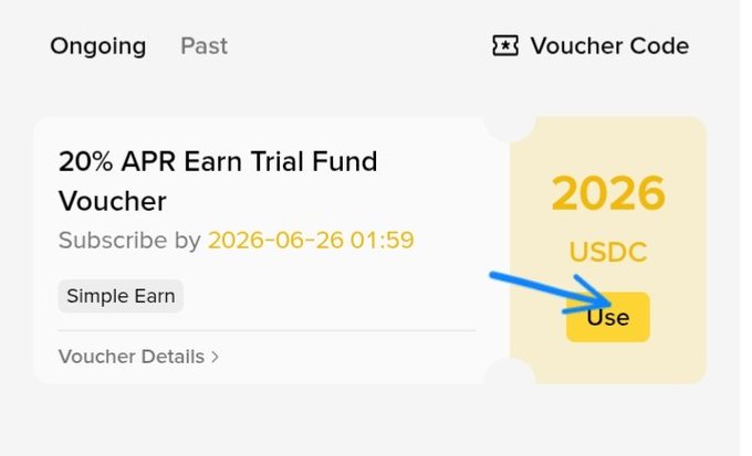 The focus of the image is a screenshot of a website, possibly a discount site for a free trial or information about an upcoming offer. The main piece of information displayed is that a 20% APR Earn Trial Fund Offer is available starting at the 26th of the month and it's free to use as long as you can pay with USDC. Additionally, there are two other options - simply using the website for a free trial or buying something right away. The text "USE" is clearly visible in the screenshot, indicating that someone has already chosen to utilize these benefits offered by the site.