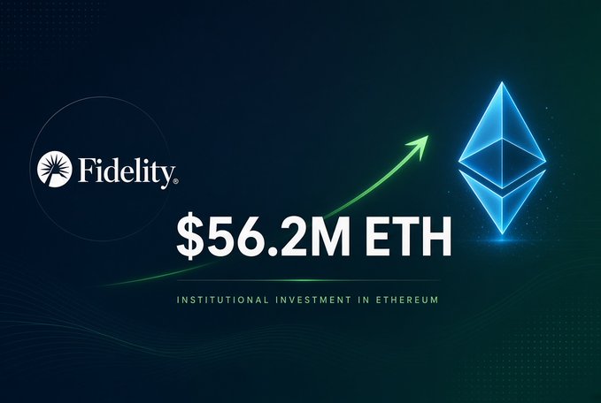 A news graphic showing the Fidelity logo alongside the Ethereum logo with text reading "$56.2M ETH" and "INSTITUTIONAL INVESTMENT IN ETHEREUM" with a green upward arrow.