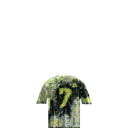 A digital rendering of a pixelated t-shirt with a green, black, and white distressed pattern and a question mark design on the front.
