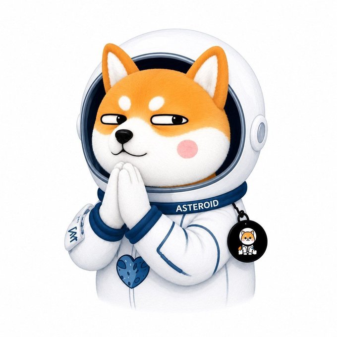 A cartoon Shiba Inu dressed as an astronaut with paws pressed together in a prayer pose, wearing a spacesuit labeled "ASTEROID" with a small dog-themed charm hanging from it. The image riffs on the "Whoever controls the memes controls the world" mantra by casting the beloved Doge meme mascot as a cosmic traveler, symbolizing how meme culture has launched into a universal, even interplanetary, realm of influence.