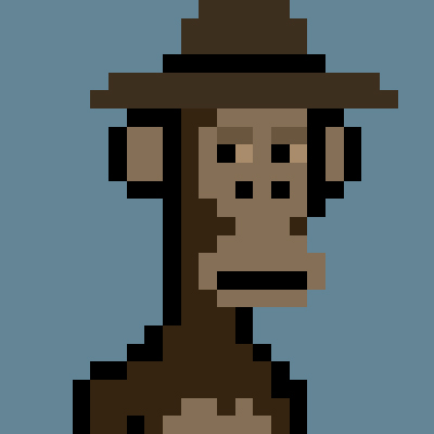 A low-resolution pixel art image shows a brown ape-like figure wearing a wide-brimmed brown hat against a solid blue background, illustrating the "Evolved Apes" NFT collection referenced in the tweet.