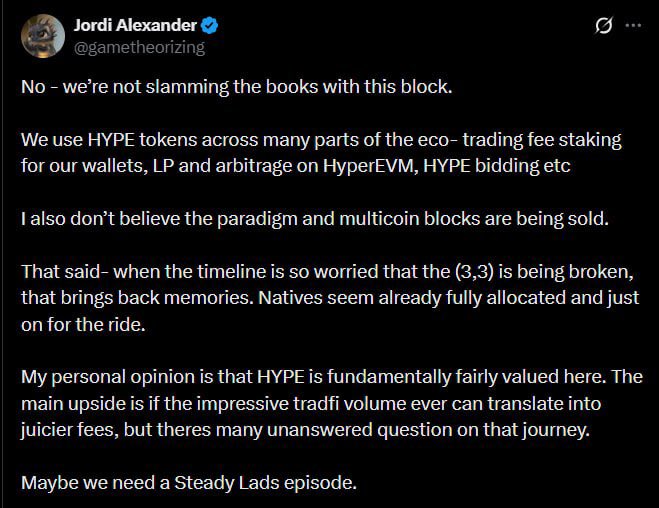 A screenshot of an X post by Jordi Alexander (@gametheorizing) discussing HYPE tokens, stating 'No - we're not slamming the books with this block' and sharing opinions on HyperEVM trading, multicoin blocks, and HYPE token valuation, ending with 'Maybe we need a Steady Lads episode.'