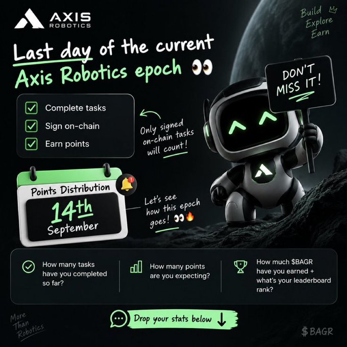 An 'AXIS ROBOTICS' promotional graphic announcing the last day of the current epoch, featuring a robot mascot holding a 'DON'T MISS IT!' sign and noting 'Points Distribution 14th September' for earning $BAGR tokens.
