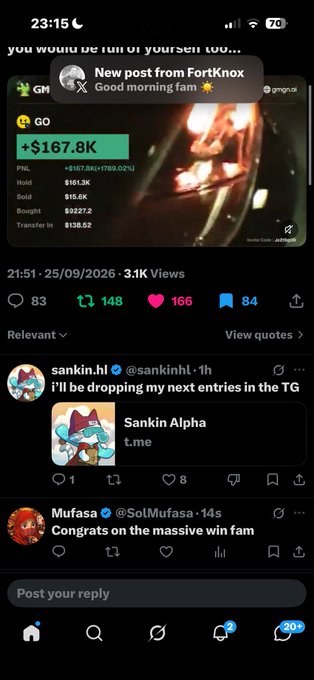 A social media feed screenshot showing posts including one about GO token at $167.8K and other crypto-related content.