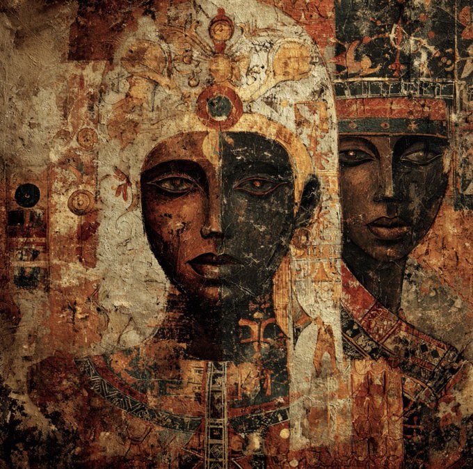 A textured, weathered artwork with an Egyptian theme, depicting two figures with dark faces and elaborate headdresses, covered in hieroglyphics and earthy red and brown tones.