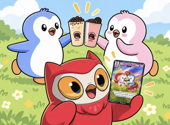 A cartoon illustration features a red owl-like creature holding a trading card, while two penguins in blue and pink hold up matching drinks with surprised expressions.