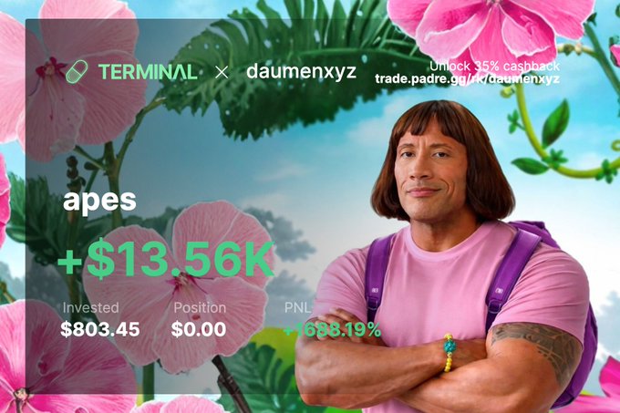A promotional graphic for Terminal featuring "daumenxyz" with text promoting "Unlock 35% cashback trade.padre.gg/u/daumenxyz" and portfolio stats showing a $13.56k gain (+88.19% PNL) on the "apes" token, featuring a man in a pink shirt with a bob haircut standing against a tropical floral background. The image relates to the post by showcasing a successful crypto trade result as a bragging right while the message emphasizes the importance of taking profits at milestones rather than holding until a reversal.