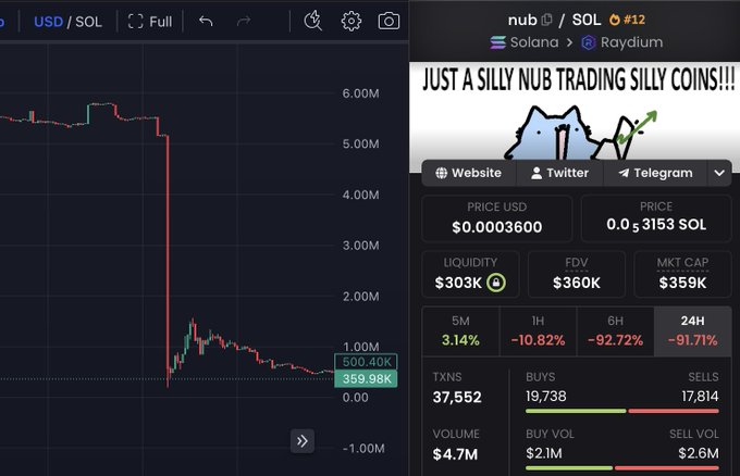A screenshot showing the SOL/USD price chart on the left with a dramatic crash from around 5-6M down to ~359.98K, paired with a Raydium trading page on the right for the "nub" token (#12 on Solana), priced at $0.0003600 with a market cap of $359K and devastating 24-hour losses of -91.71%, alongside the meme "JUST A SILLY NUB TRADING SILLY COINS!!!" — perfectly illustrating the "sad outcome" of the nub's massive value collapse.