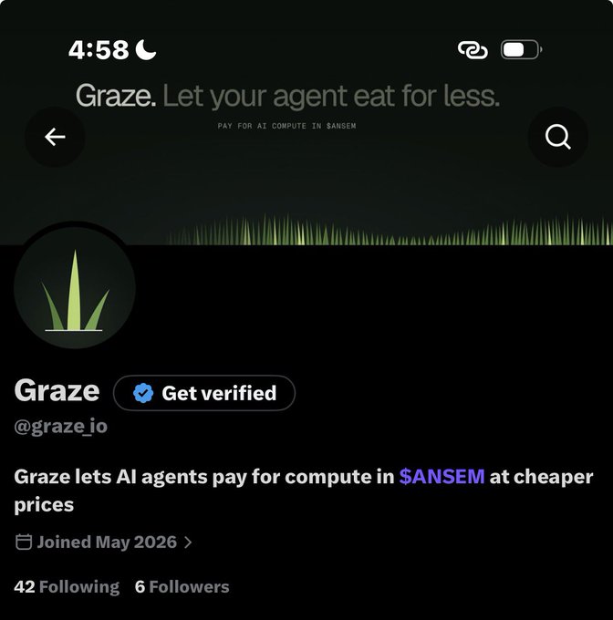 A Twitter/X profile page for @graze_io with a grass icon, reading 'Graze lets AI agents pay for compute in $ANSEM at cheaper prices', with a joined date of May 2026.
