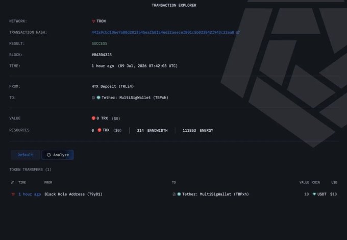 A TRON transaction explorer showing a SUCCESSFUL transaction of 18 TRX from a 'Black Hole Address' to a 'Tether: MultiSigWallet' on July 9, 2026.