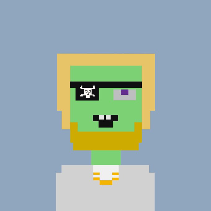 A pixel art portrait of a green-skinned character with blonde hair, a beard, and a black eyepatch featuring a white skull and crossbones design, wearing a white collared shirt. The image relates to the post by depicting a pixelated NFT avatar in the style of Bored Ape Yacht Club (MAYC), referencing the user's new "intern" role at Clutch Markets.