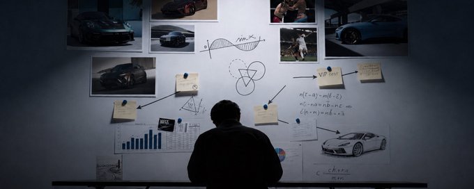 A person stands with their back to the camera, studying a wall covered with car photos, mathematical equations, and notes including formulas like "n(-a) = n(-a)" alongside diagrams. The image's themes of late-night work, determination, and getting back on track align with the poster's message of recovering from a tough night trading $Yard and returning to focus.