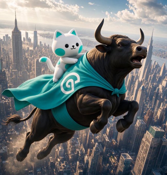 A digital artwork depicting a white cat character with teal accents riding a black bull wearing a teal cape, soaring over New York City.
