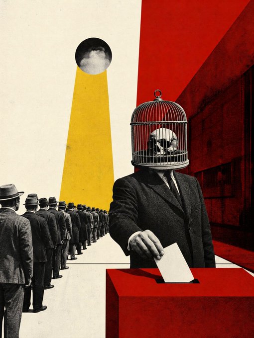 A surreal collage featuring a man with a birdcage for a head placing a ballot in a red box, with a line of men in suits and hats waiting nearby.