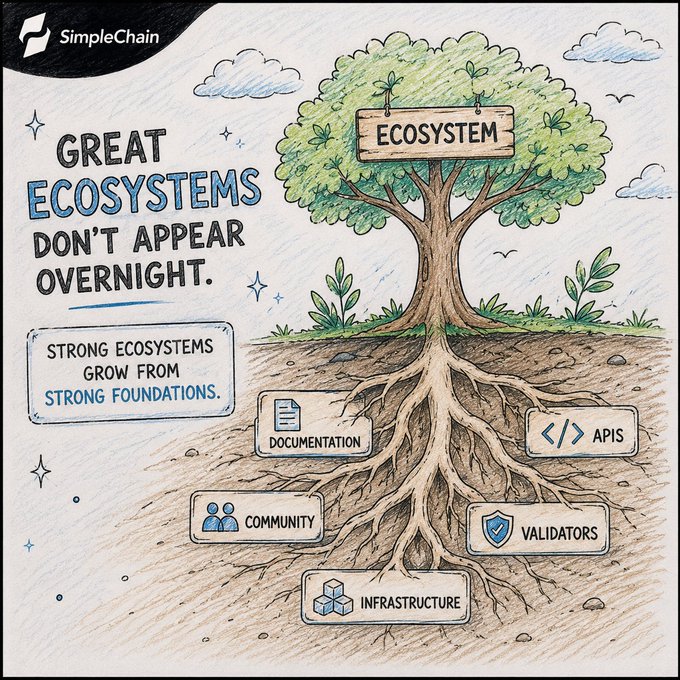 A SimpleChain illustration titled 'GREAT ECOSYSTEMS DON'T APPEAR OVERNIGHT' depicting a tree labeled 'ECOSYSTEM' with roots representing foundational elements: Documentation, APIs, Community, Validators, and Infrastructure, with the message 'Strong ecosystems grow from strong foundations.'