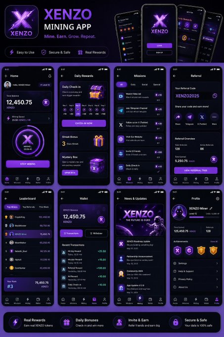 A promotional graphic for the 'XENZO MINING APP' with the tagline 'Mine. Earn. Grow. Repeat.' showing various app screens including Home, Daily Rewards, Missions, Referral, Leaderboard, Wallet, News & Updates, and Profile.