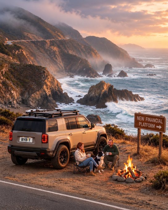 An AI-generated image showing a couple camping with a dog and a campfire by a tan SUV with license plate 'BYB T,' next to a coastal highway sign reading 'NEW FINANCIAL PLATFORM' with an arrow.