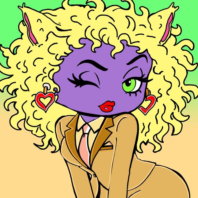 Digital illustration of a purple-skinned character with curly blonde hair, cat ears, green eyes, red lips, heart-shaped earrings, and a tan suit with a pink tie.