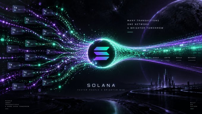 A promotional graphic for Solana with the tagline 'MANY TRANSACTIONS ONE NETWORK A BRIGHTER TOMORROW' and 'FASTEST PEOPLE A BRIGHTER WEB', showing stylized transaction boxes flowing into the Solana logo against a space-themed background.