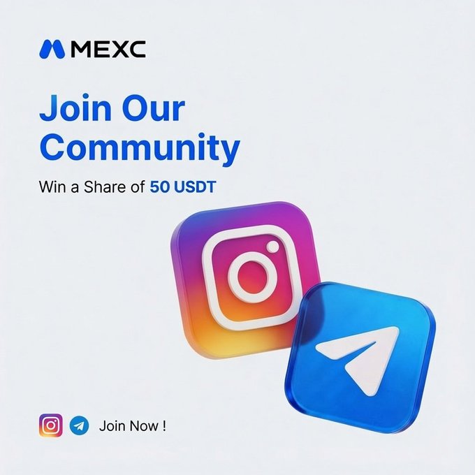 A 'MEXC' promotional advertisement encouraging users to 'Join Our Community' and 'Win a Share of 50 USDT', featuring Instagram and Telegram app icons.