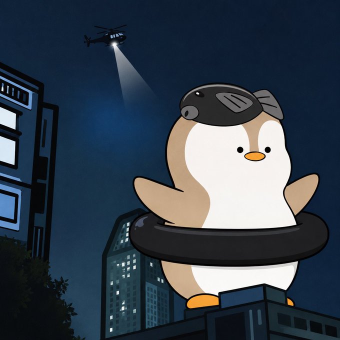 A cartoon penguin wearing a beanie and inflatable swim ring stands on a rooftop at night, illuminated by a helicopter's spotlight in the distance.