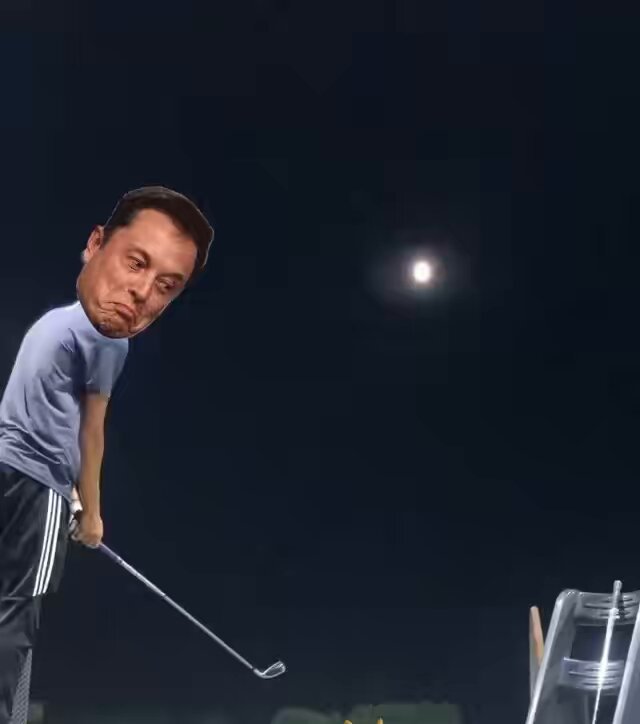 In the image, there are two people playing a game of golf under a full moon. One person is holding a golf club while standing next to another person who appears to be a cartoon character or a dogecoin post. The background features a dark sky with the full moon visible in the distance.