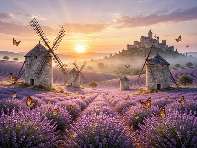 A picturesque landscape illustration featuring stone windmills in a purple lavender field with butterflies flying around, and a castle in the background at sunset.