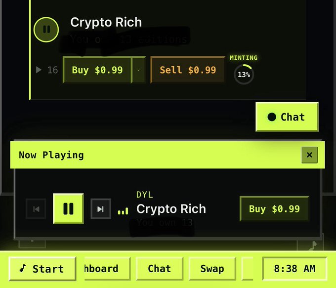 A screenshot of the "Crypto Rich" game on DYL showing a player owns 13 editions, with Buy and Sell buttons priced at $0.99 and a 13% minting progress.
