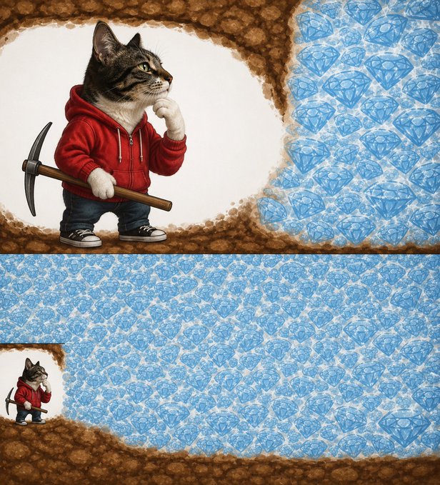 An illustrated scene of a cat wearing a red hoodie and holding a pickaxe, standing at the entrance of a cave filled with blue diamonds, shown in both zoomed-in and zoomed-out views.