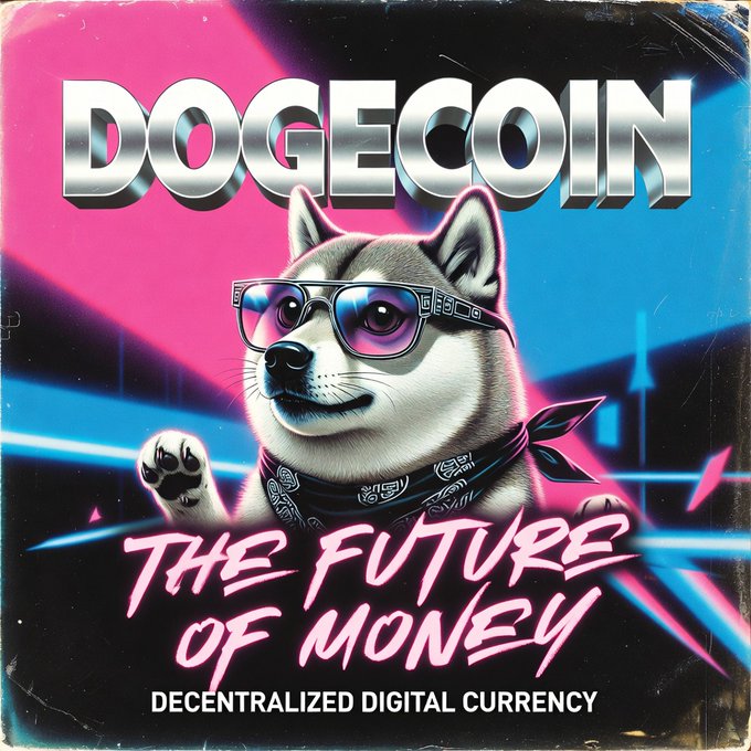 A retro-style Dogecoin poster featuring a Shiba Inu wearing sunglasses and a bandana, with the text "DOGECOIN", "THE FUTURE OF MONEY", and "DECENTRALIZED DIGITAL CURRENCY".