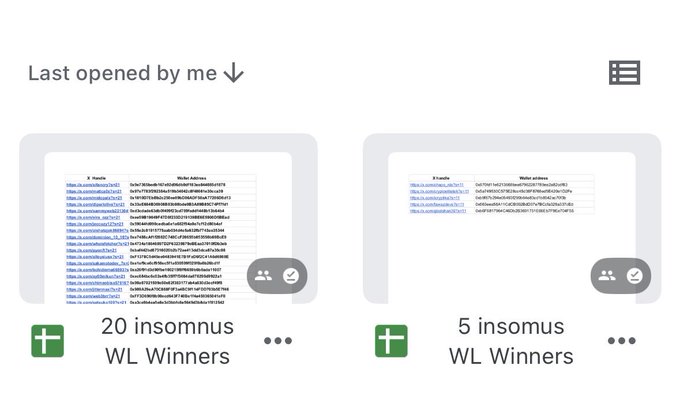A screenshot of an app interface showing recently opened files under 'Last opened by me', displaying two folders labeled '20 insomnus WL Winners' and '5 insomnus WL Winners' with green plus icons.