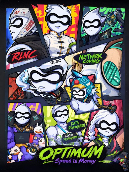 A colorful comic-style poster for 'OPTIMUM' featuring multiple stylized character panels with text including 'RLNC', 'NETWORK CODING', 'DATA PROPAGATION', and the tagline 'Speed is Money'.