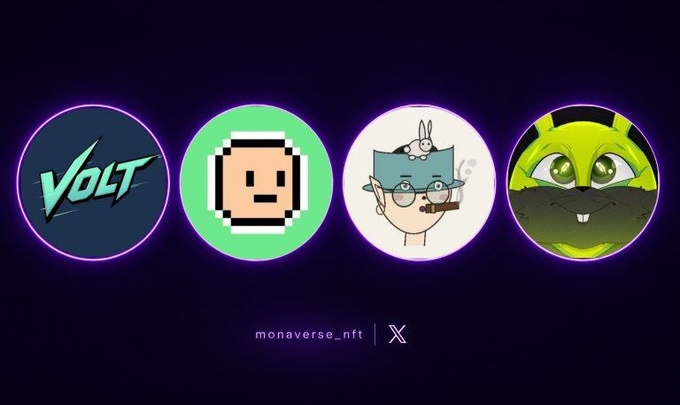 Four circular NFT avatars displayed against a dark purple background, with the text "monaverse_nft" and an X (formerly Twitter) icon at the bottom.