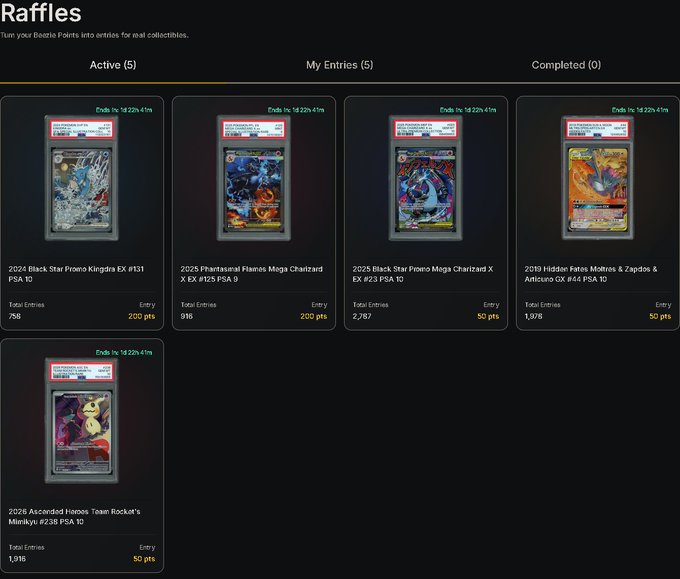 A screenshot of a 'Raffles' page showing 5 active raffles for graded Pokémon cards including Charizard and Mewtwo, with entry costs listed in Boostie Points (e.g., 200 pts and 50 pts) and counts for total entries.