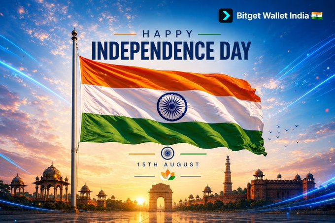 The image is a festive "Happy Independence Day" graphic from Bitget Wallet India, featuring the Indian national flag waving above iconic landmarks like India Gate, the Lotus Temple, and the Red Fort, with the date "15th August" prominently displayed. It aligns with the accompanying message celebrating India's Independence Day by symbolizing freedom and aligning Bitget Wallet's vision of accessible, inclusive financial freedom ("Crypto for Everyone") with the spirit of national independence.