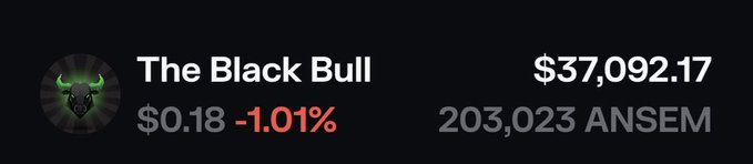 A crypto token info card displaying 'The Black Bull' at $0.18 (-1.01%) with a market cap of $37,092.17 and 203,023 ANSEM.