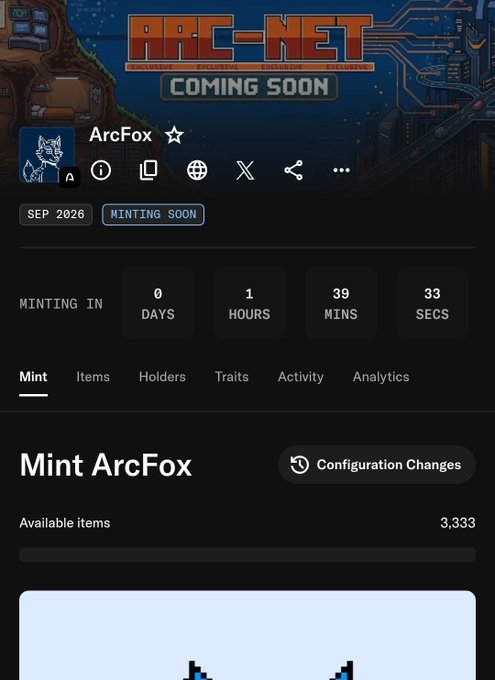 A mobile screenshot showing the ArcFox NFT minting page on the ARC-NET platform, displaying a countdown of 0 days, 1 hour, 39 minutes, 33 seconds until minting begins in September 2026, with 3,333 available items.