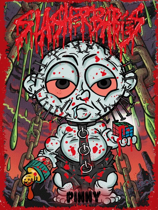 A horror-style cartoon illustration featuring a bloodied, stitched-together character holding a Rubik's cube, with the text 'SUMMER BABY' and 'PUMMY' visible.