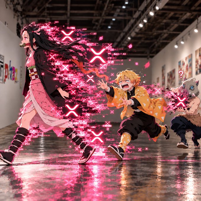 An anime-style illustration featuring characters from Demon Slayer (Nezuko, Zenitsu, and Inosuke) running dynamically through a gallery space, with pink digital 'X' glitch effects surrounding them.