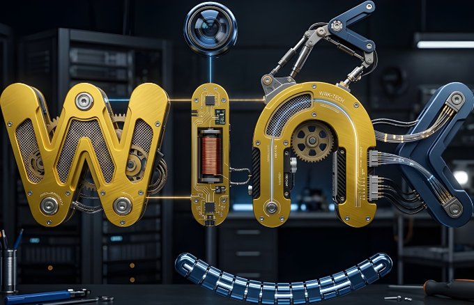A stylized 3D illustration of the letters 'WinX' constructed from gold and blue mechanical/steampunk components like gears and circuits, with a robotic smile beneath, set in a tech workshop.